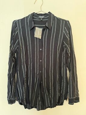 Women Express Black Button-Up Shirt with Vertical Gray Stripes